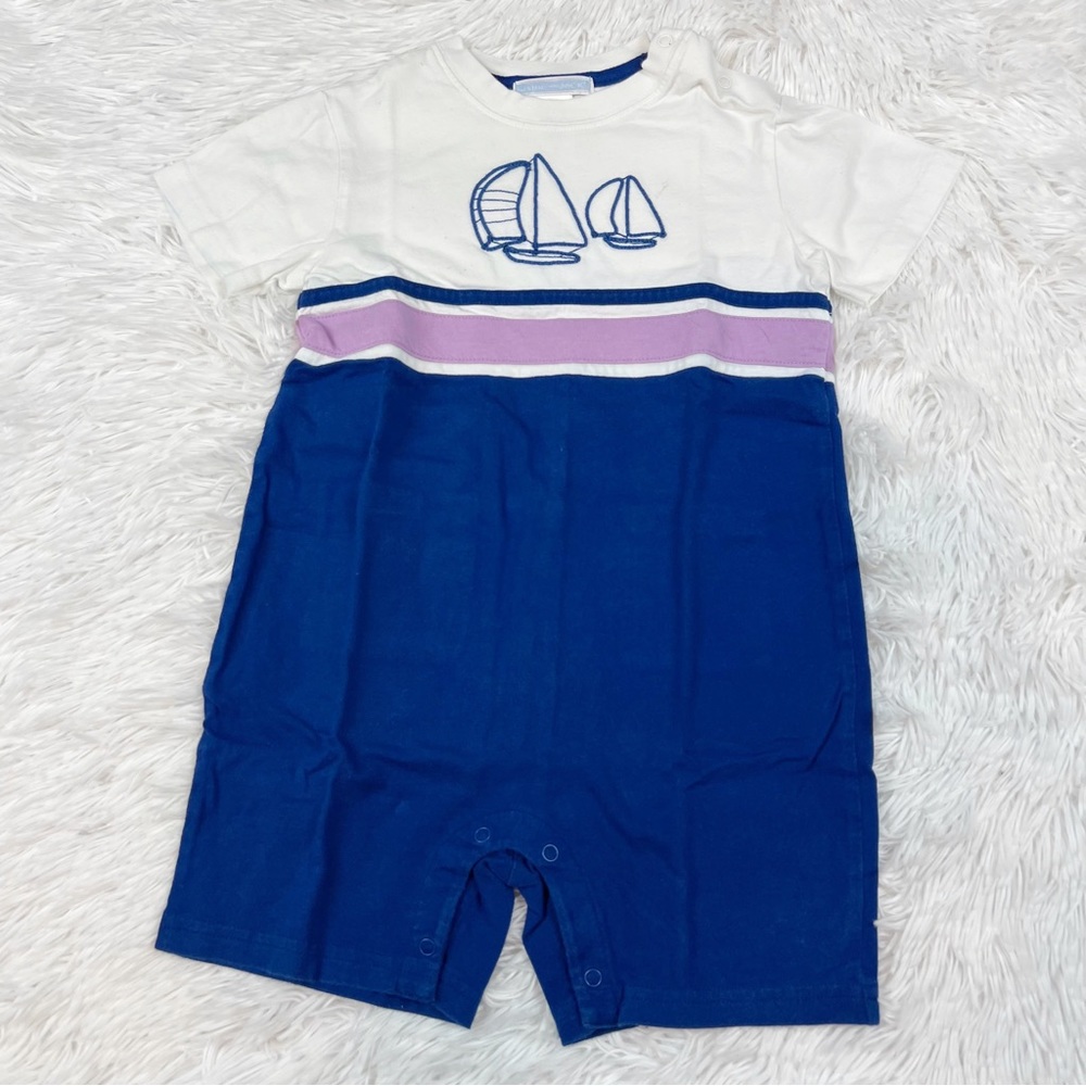 Janie‎ and Jack short sleeve color block sail boat rompers blue white